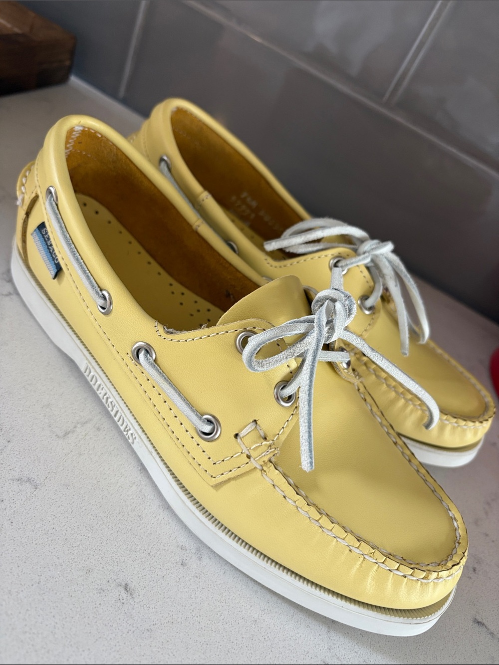 Sebago Yellow Leather Boat Shoes with White Laces